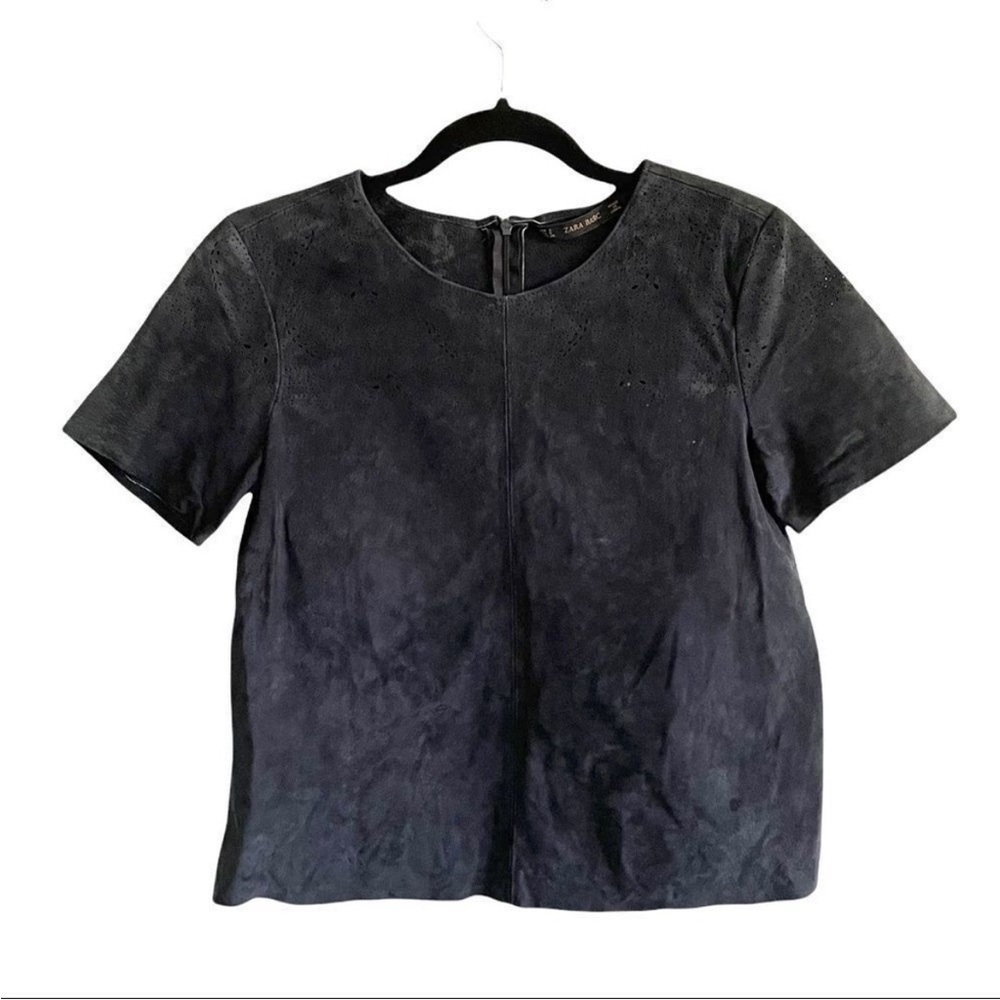 ZARA Suede Crew Neck Short Sleeve Cropped Blouse Navy Blue S